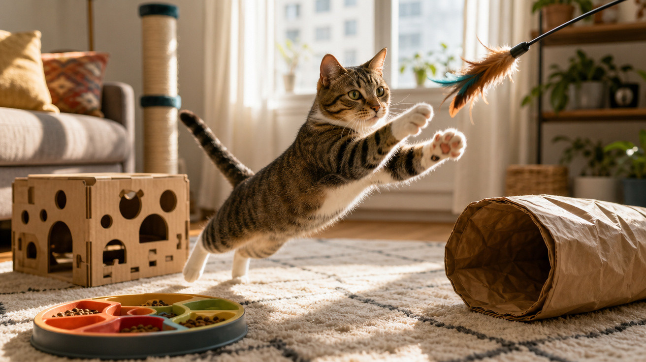 Gato tigrado brincando em sala iluminada, com brinquedos e comedouro no chão.