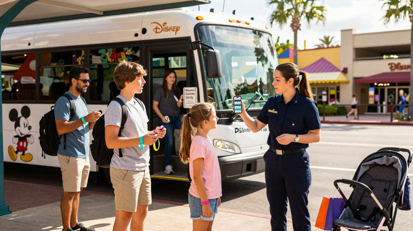 Funcionária da Disney mostra dispositivo móvel para família perto de ônibus temático com figura do Mickey Mouse.