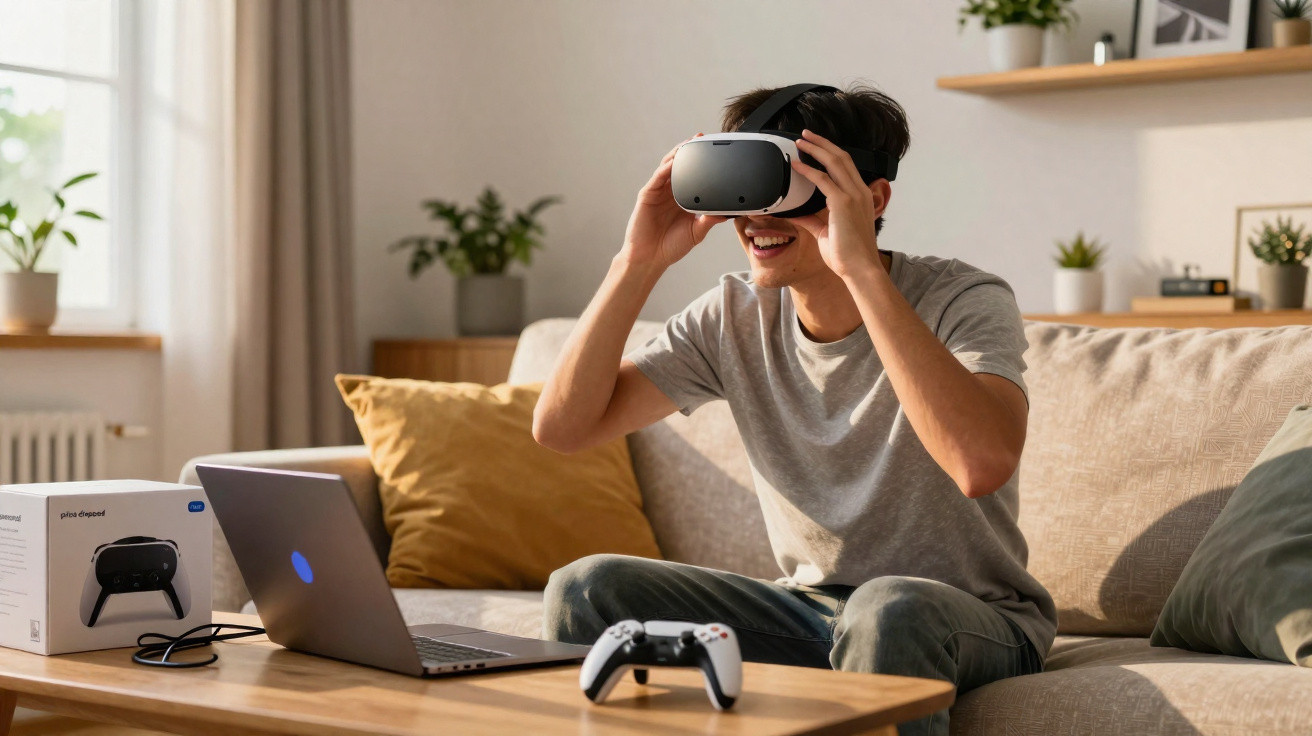 Jovem sorridente usando óculos de realidade virtual sentado em sofá, com controle e notebook na mesa de centro.