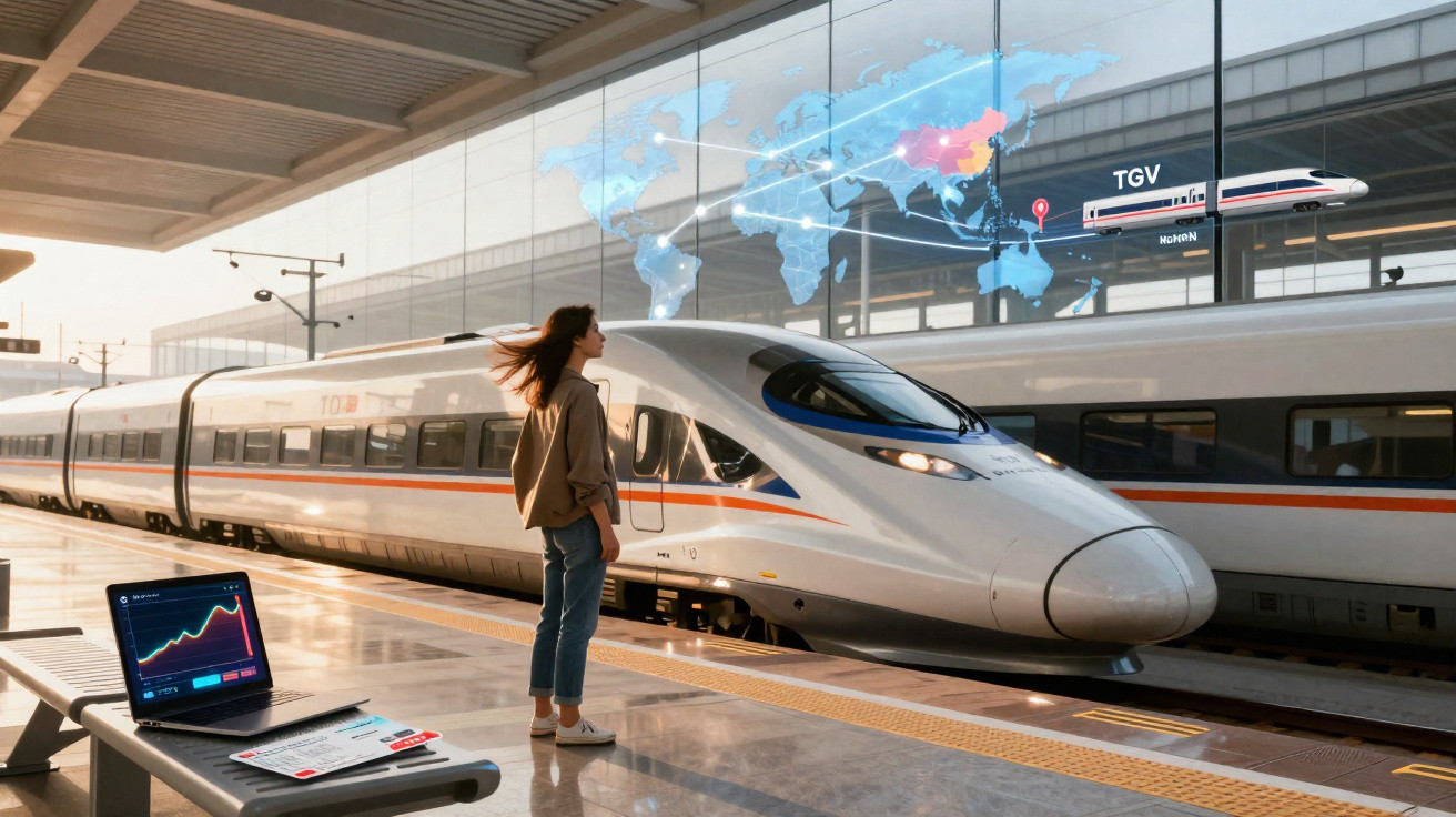 Mulher em estação observa trem-bala com mapa digital de conexões mundiais e laptop com gráfico.