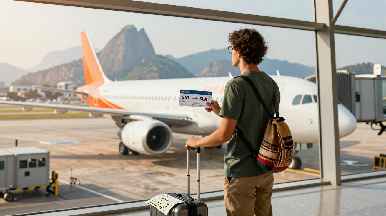 Jovem com mochila e mala observa avião na pista do aeroporto, segurando cartão de embarque.
