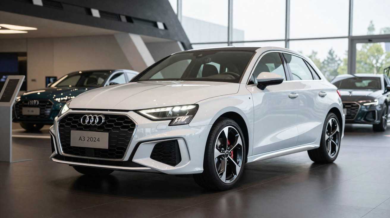 Carro Audi A3 2024 branco em exposição dentro de showroom moderno e iluminado.