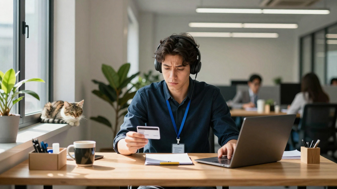Homem com fone de ouvido analisando cartão no escritório com gato na janela e laptop à frente.
