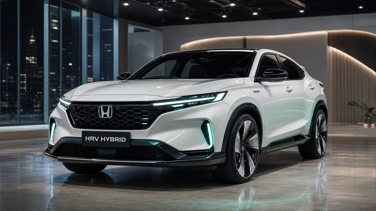 Carro Honda HRV Hybrid branco em showroom moderno com iluminação ambiente e piso brilhante.