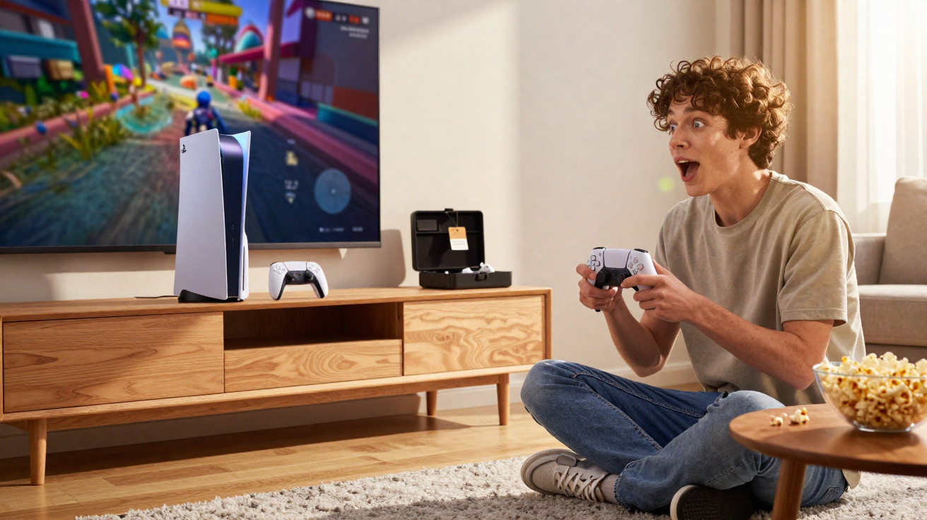 Jovem empolgado joga videogame no sofá com controle em mãos e televisão exibindo jogo colorido.