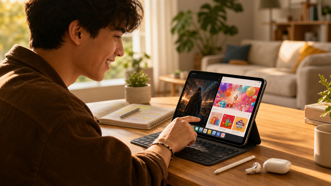 Jovem sorrindo usa tablet com capa teclado para assistir filme e buscar presentes em ambiente iluminado e aconchegante.