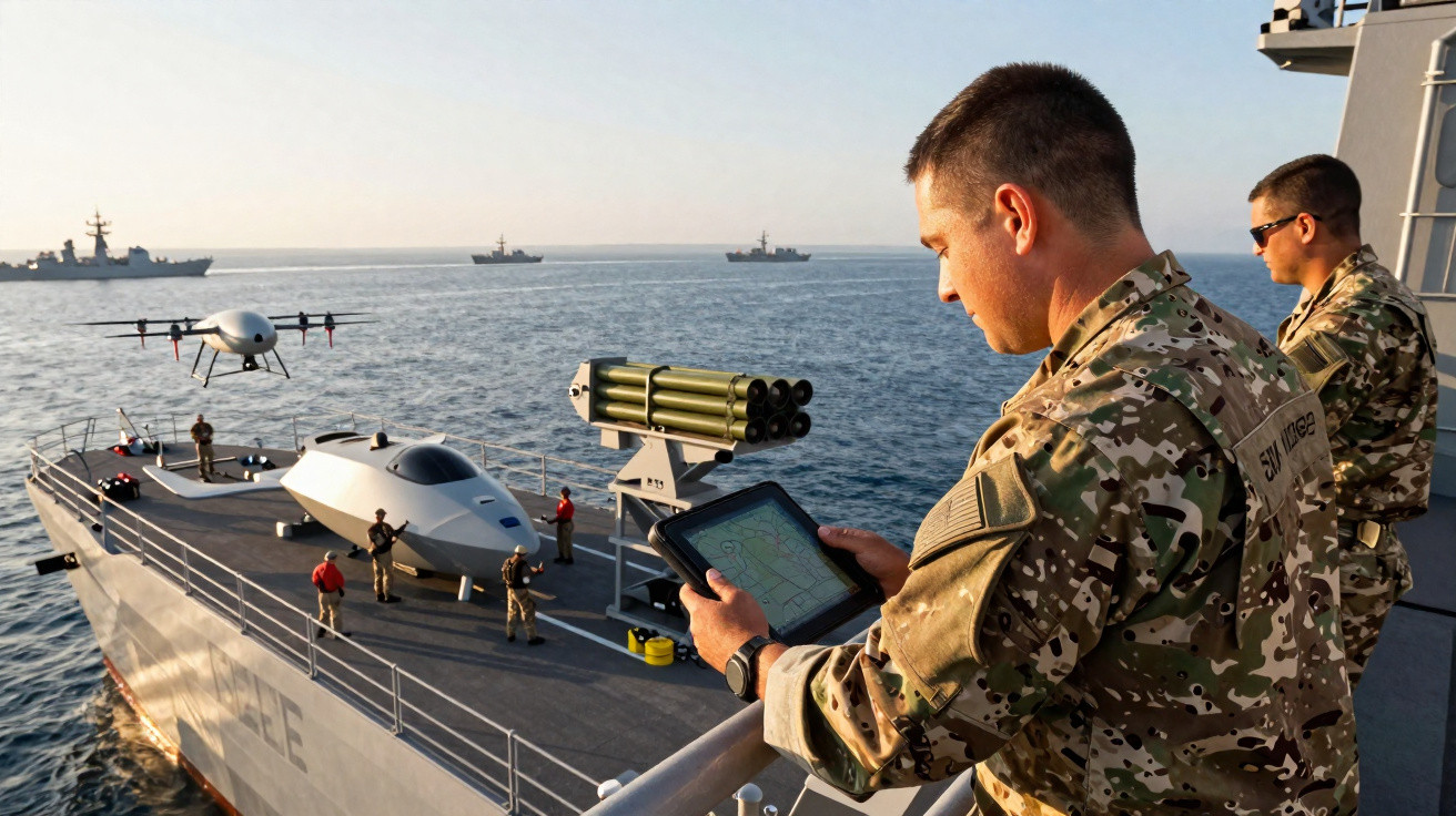 Dois militares observam um navio militar não tripulado e um drone no mar ao nascer do sol.