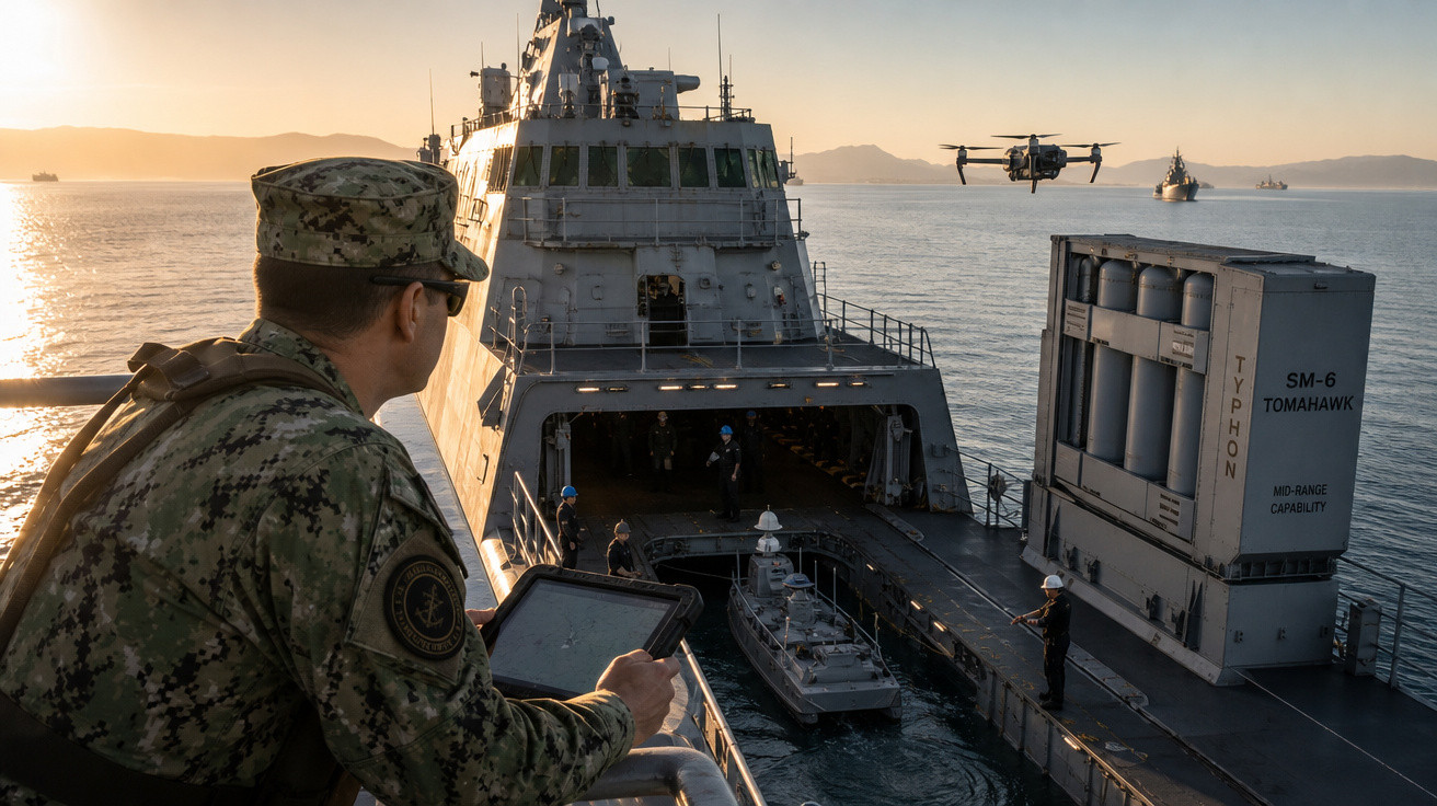 Militar observa drone voando próximo a navio de guerra durante pôr do sol no mar.