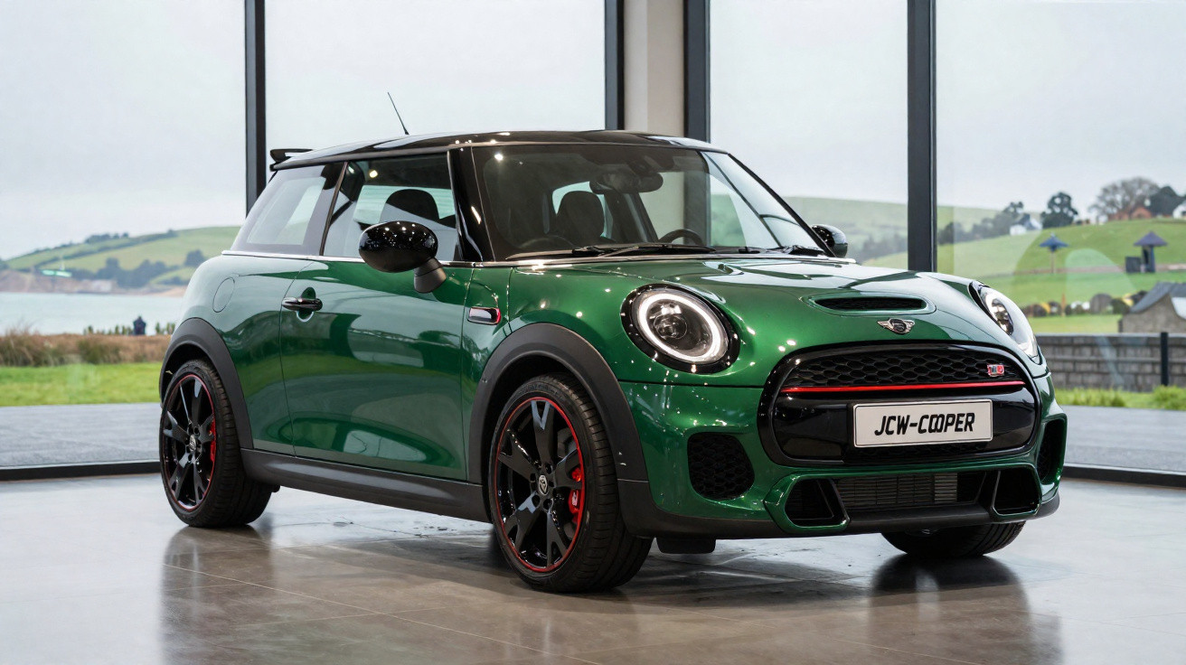 Mini Cooper JCW verde com detalhes em preto e rodas esportivas em salão com janelas amplas e vista para campo.