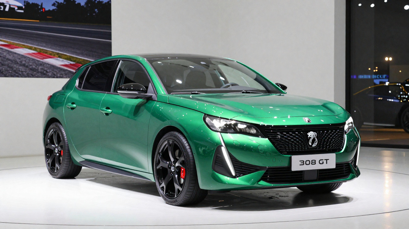 Carro hatch Peugeot 308 GT verde exposto em salão de automóveis, vista frontal e lateral esquerda.