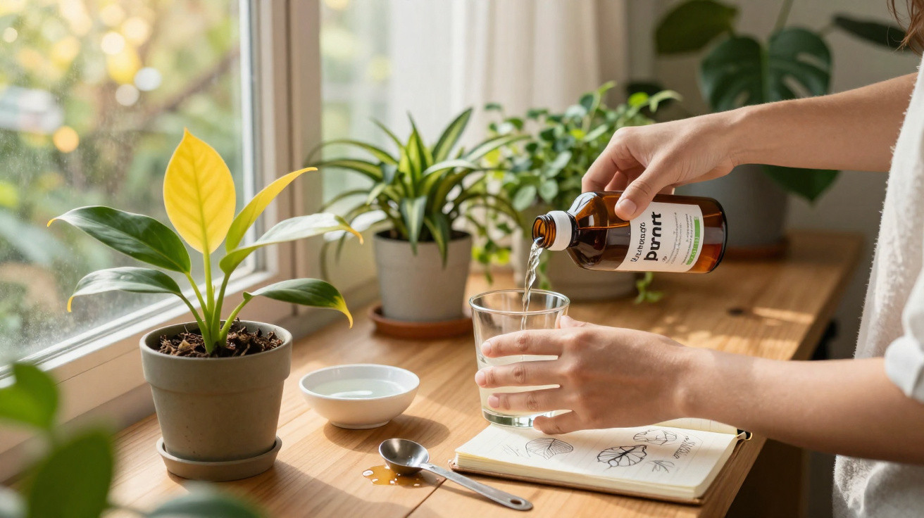 Pessoa servindo líquido de frasco para copo em bancada com plantas, caderno e colher próximos à janela.
