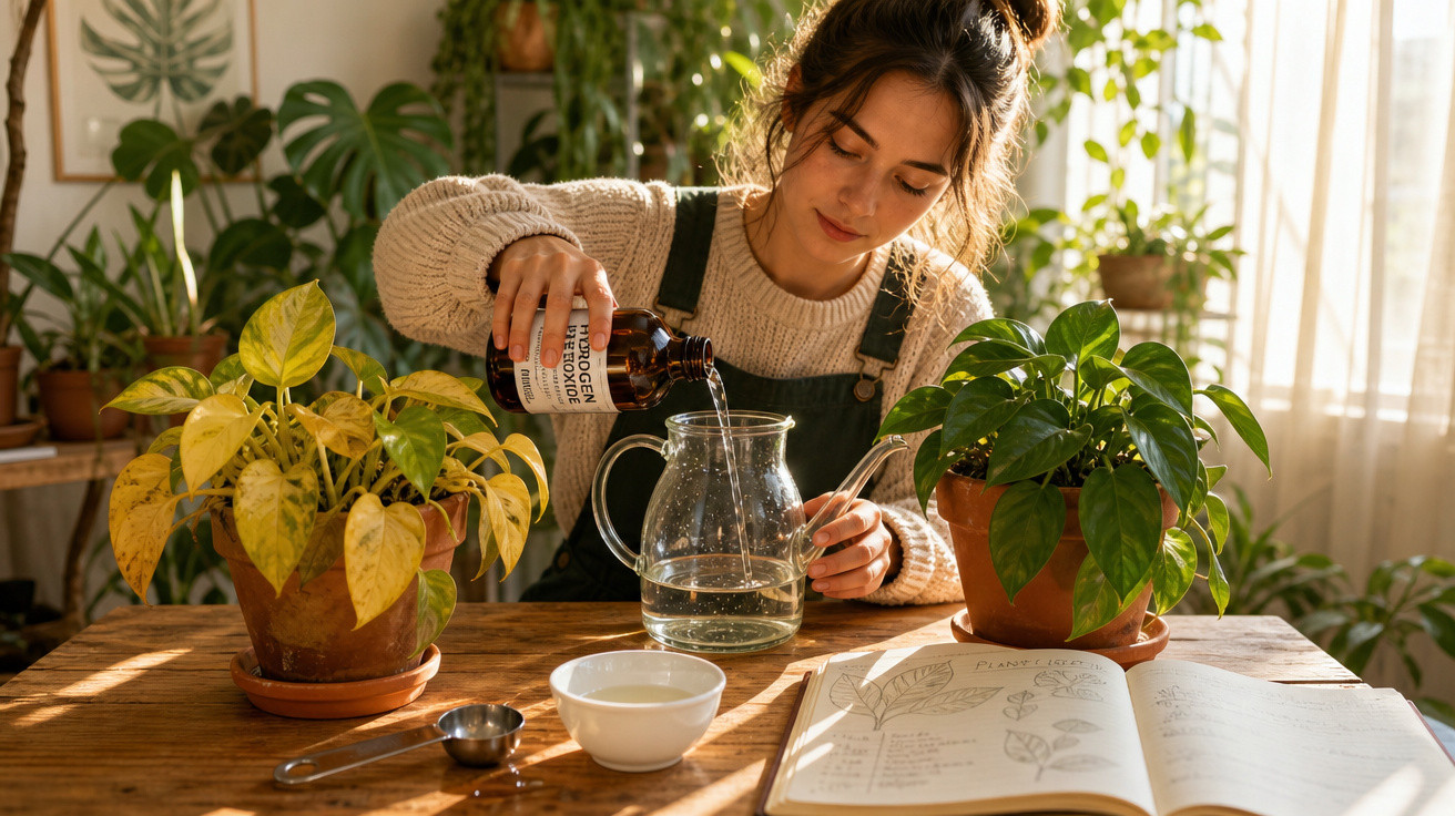Mulher derramando líquido de um frasco para jarra, cercada por plantas e livro aberto sobre botânica.