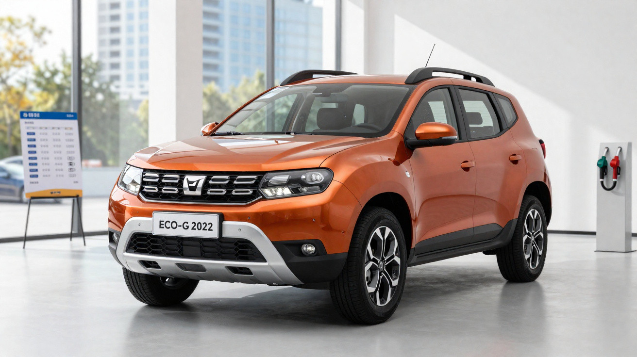 Carro SUV laranja modelo ECO-G 2022 em exposição interna com painel informativo ao fundo.