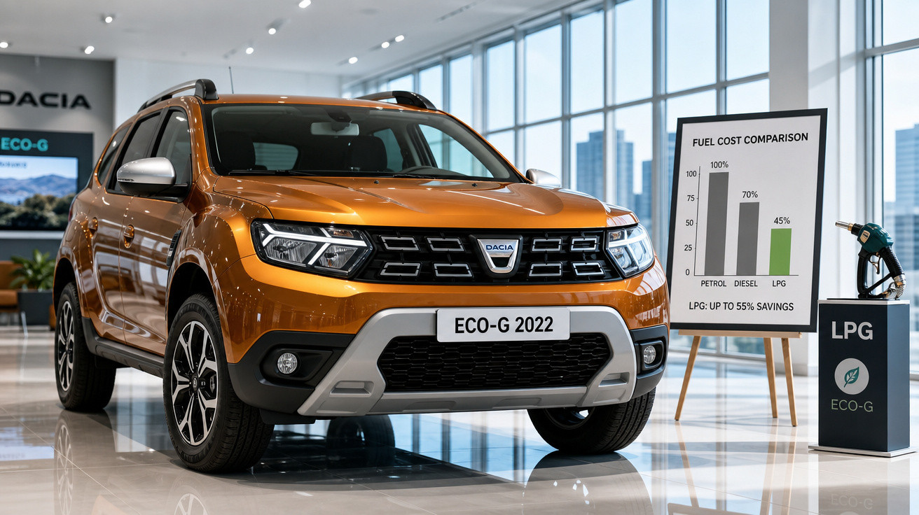 Carro Dacia Eco-G 2022 laranja em showroom ao lado de gráfico comparando custos de combustíveis.