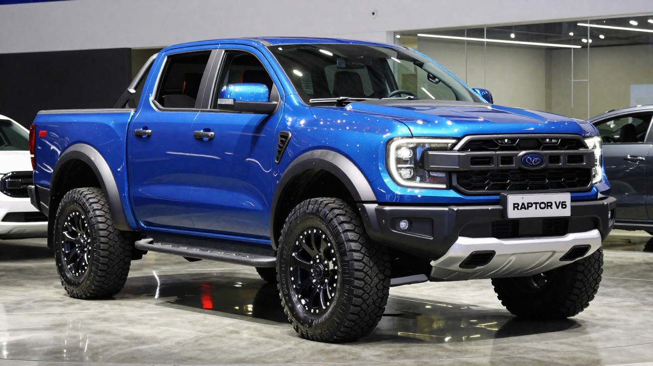 Picape azul Ford Raptor V6 destacando pneus robustos e design moderno em ambiente interno.