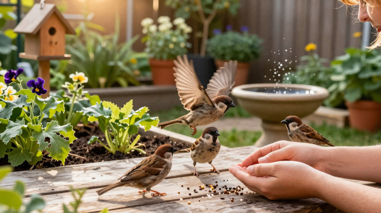 Pessoa alimentando pássaros pardais em mesa de madeira em um jardim com flores e plantas.
