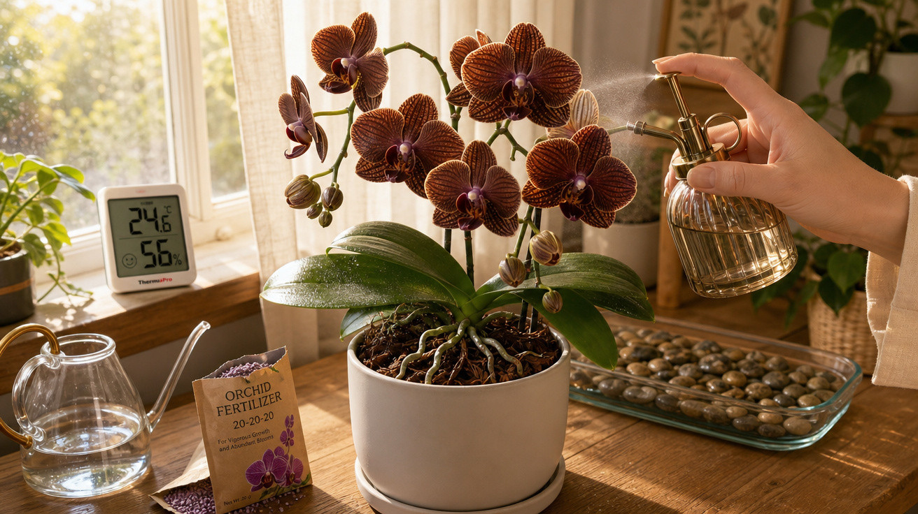 Orquídea marrom sendo borrifada com água em vaso branco sobre mesa de madeira com janela ao fundo.