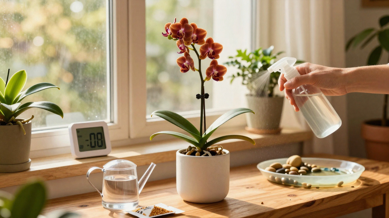 Mão borrifando água em orquídea roxa em vaso branco sobre mesa de madeira próxima a janela.