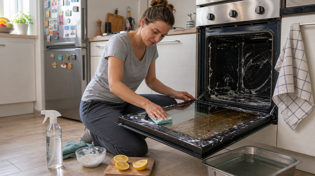 Mulher limpando a porta de um forno de cozinha com esponja e produtos de limpeza.