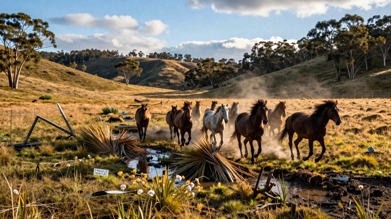 Cavalos correndo em manada por campo seco com colinas, árvores e céu azul ao fundo.