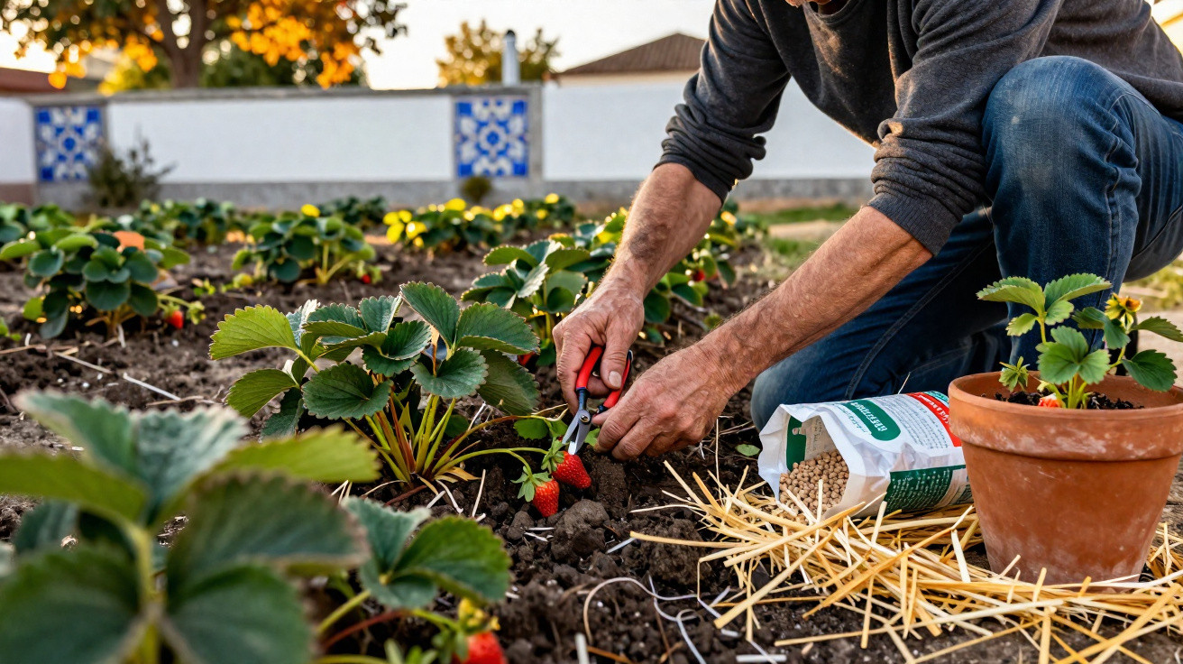 Pessoa colhendo morango com tesoura em horta, com vaso, fertilizante e palha ao redor.