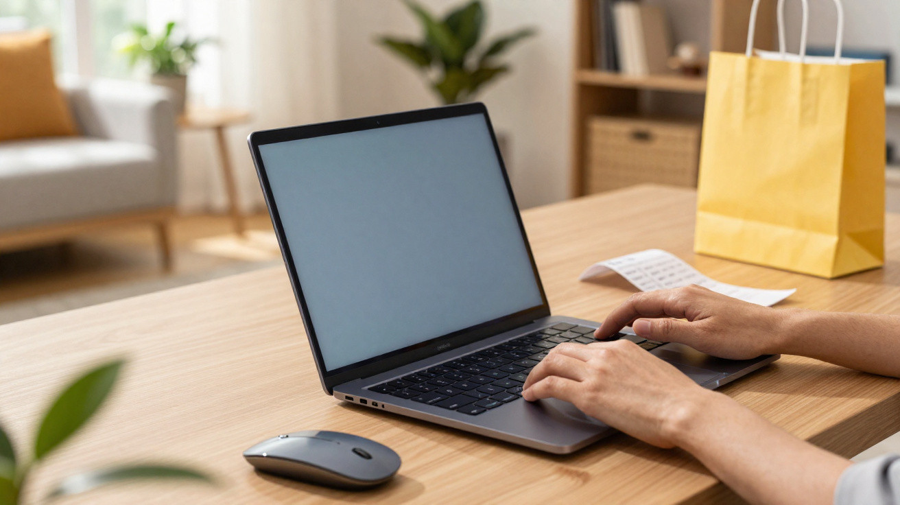 Pessoa usando laptop em mesa de madeira com mouse e sacola amarela ao fundo em ambiente claro.