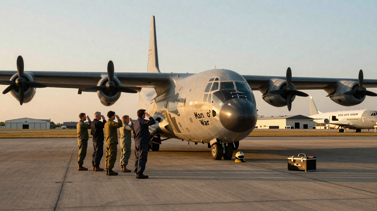 Cinco militares saudando avião militar estacionado em pista ao pôr do sol.