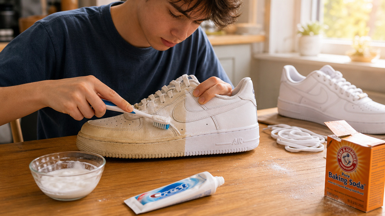 Jovem limpando tênis branco sujo com escova, pasta de dente e bicarbonato de sódio em mesa de madeira.