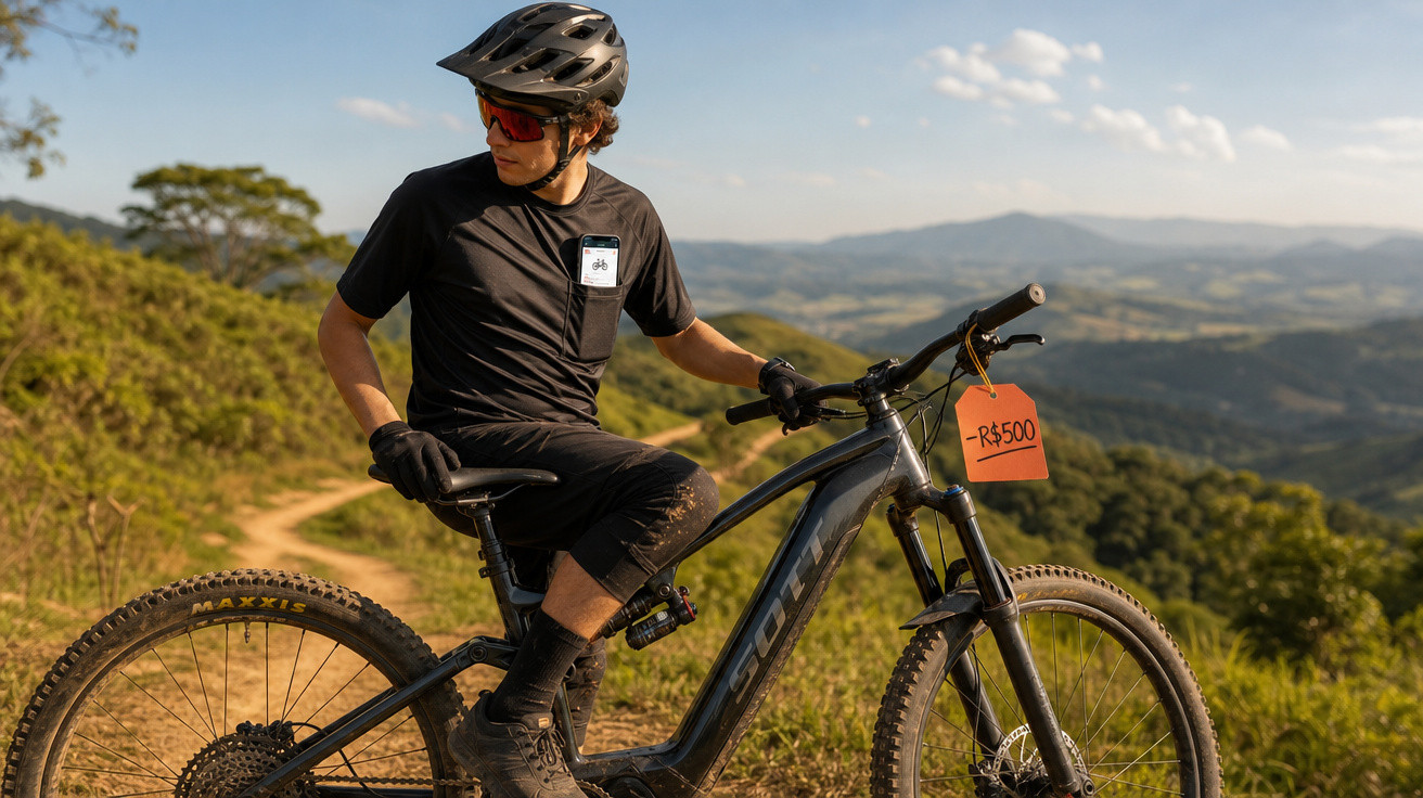 Homem com capacete e óculos sentado em bicicleta mountain bike com placa de preço em trilha ao ar livre.