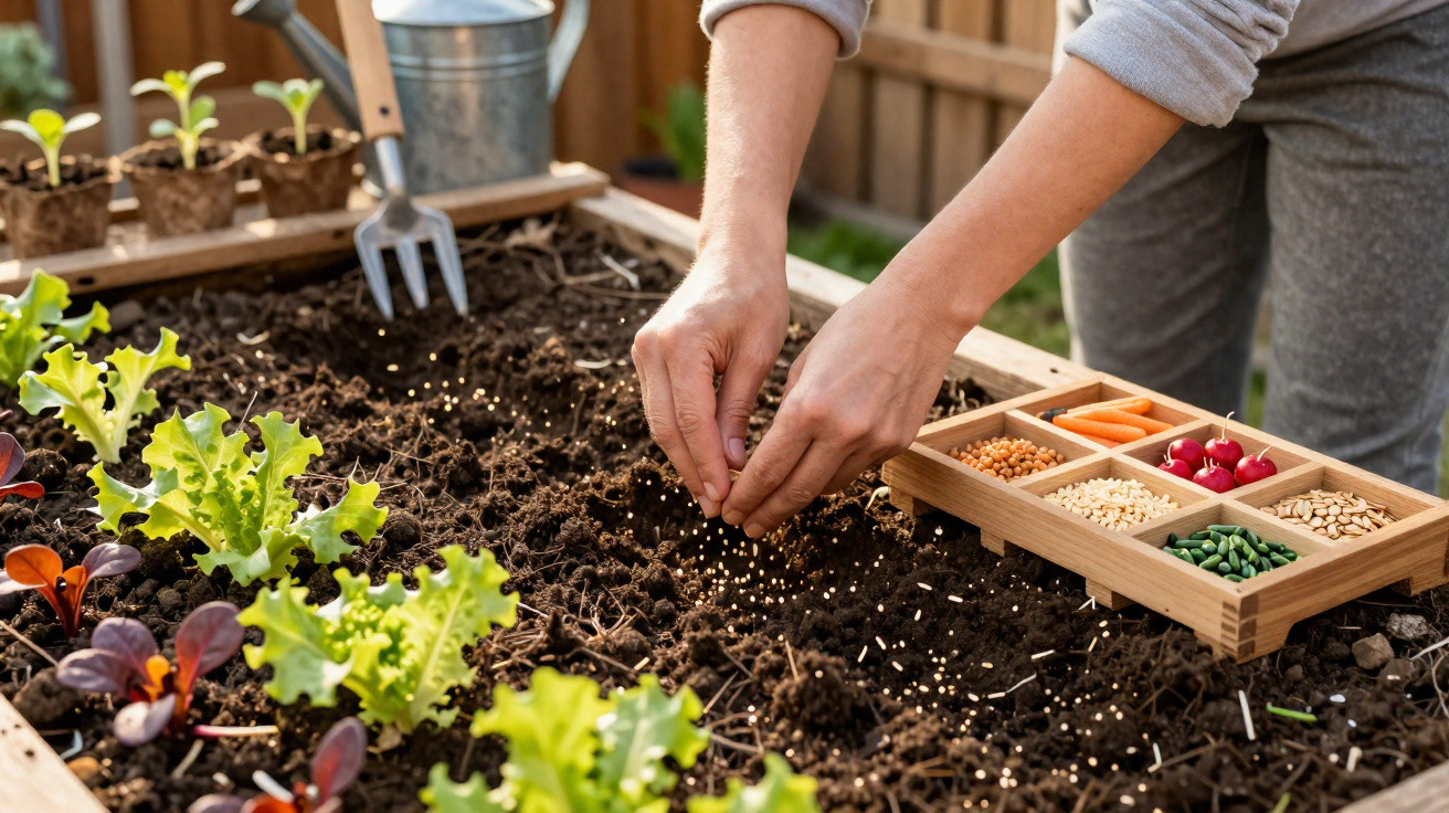 Pessoa plantando sementes de hortaliças em solo fértil com muda de verduras ao redor.