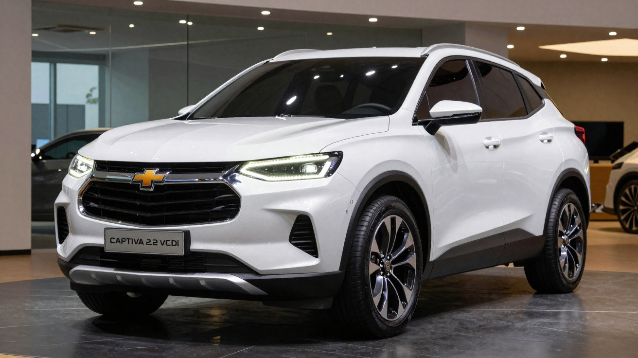 Carro SUV Chevrolet Captiva 2.2 VCDI branco em exposição interna com faróis ligados.