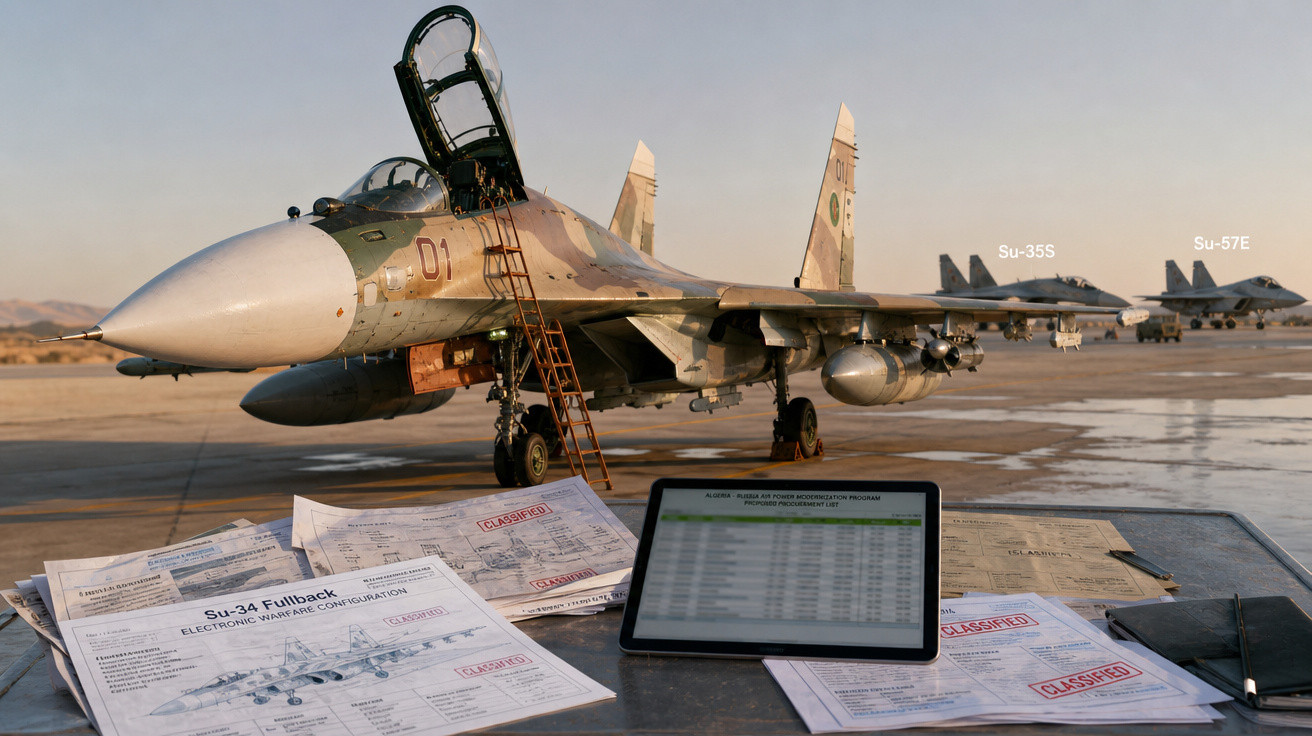 Caça militar Su-34 com documentos classificados e tablet em mesa ao ar livre, pista de decolagem ao fundo.
