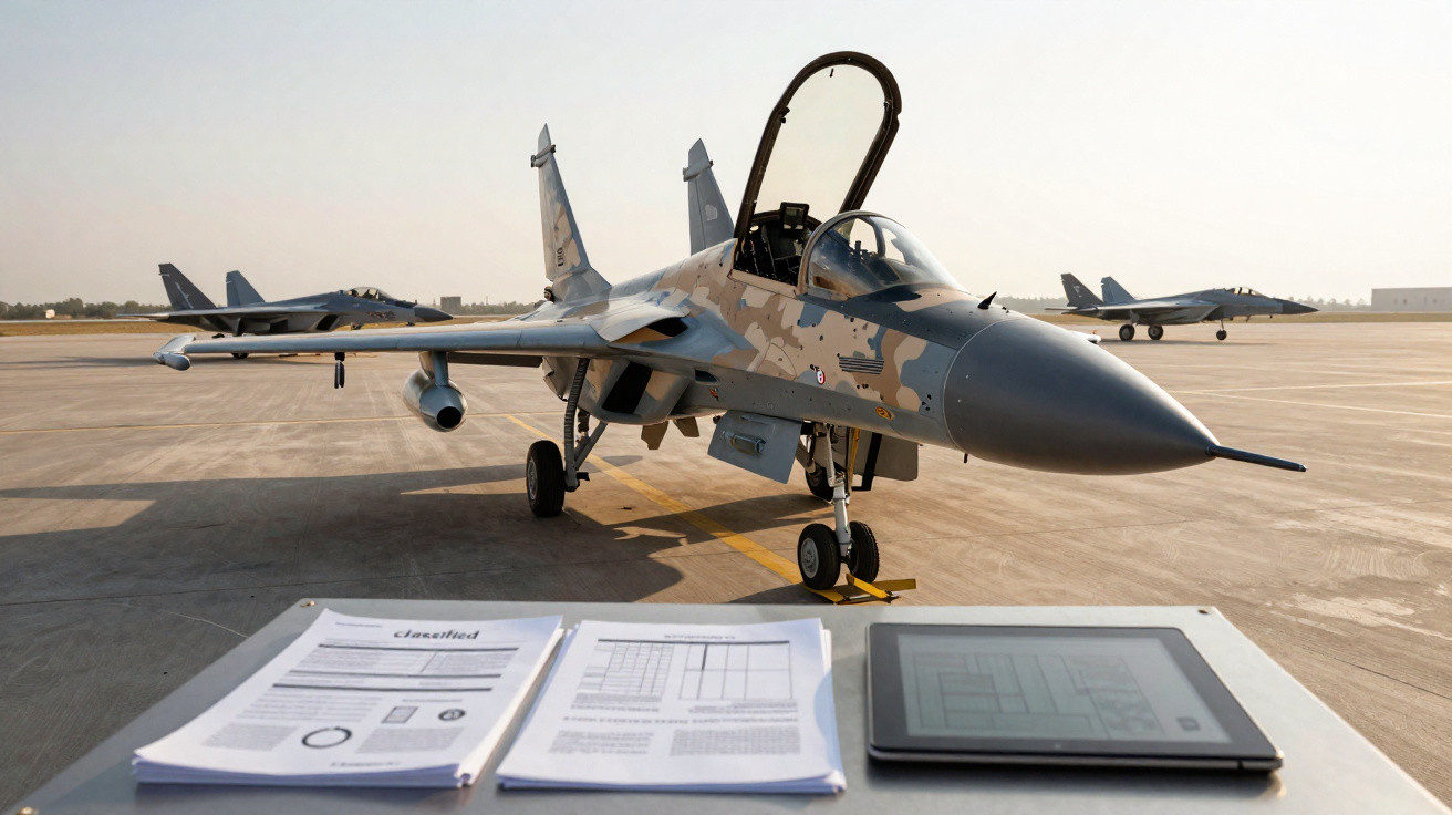 Avião militar camuflado com cabine aberta em pista, com documentos e tablet em mesa próxima.