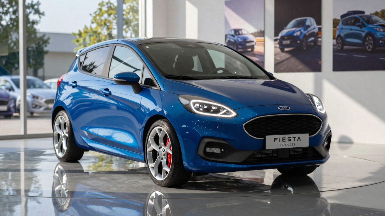 Carro Ford Fiesta azul estacionado em showroom com luz natural refletindo no piso brilhante.