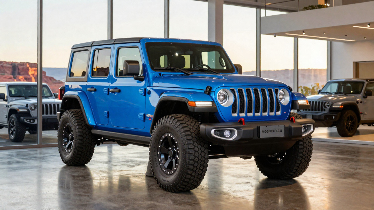 Jeep Wrangler azul estacionado dentro de showroom com outra SUV refletida no vidro.
