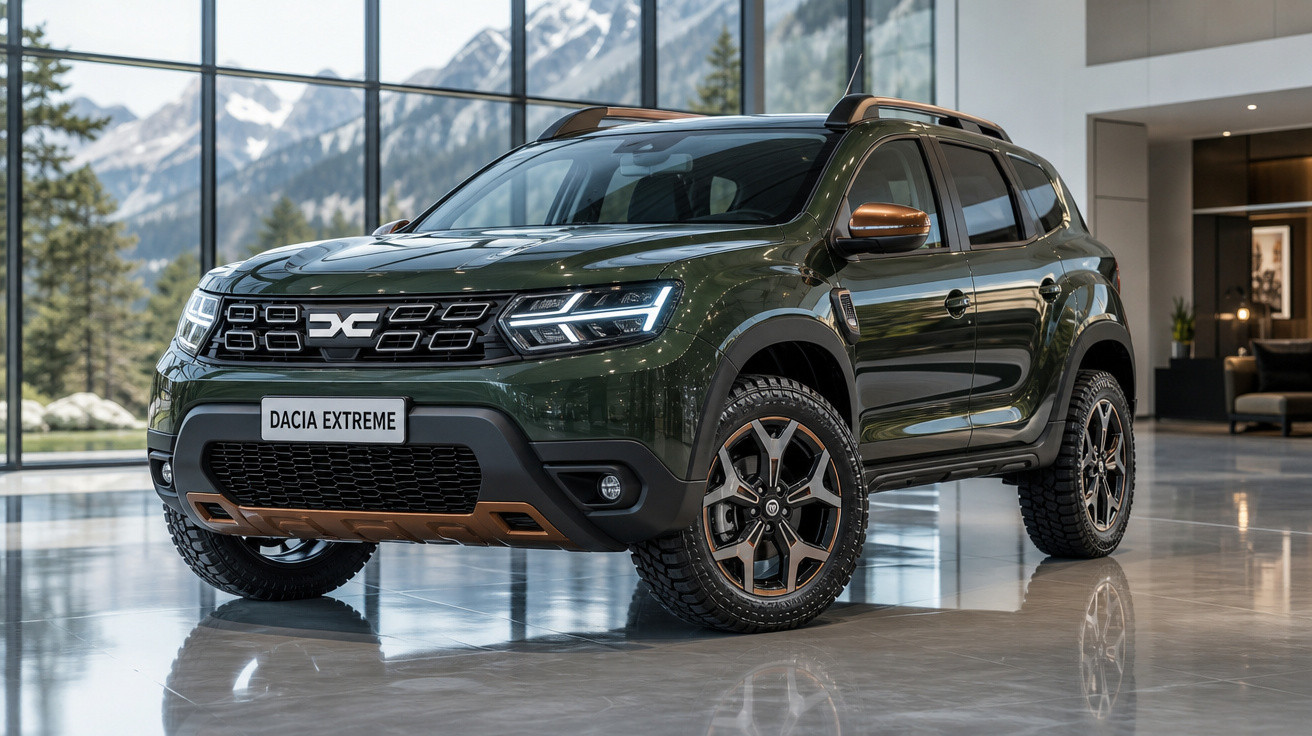 SUV Dacia Extreme verde escuro em ambiente interno com montanhas ao fundo e iluminação natural.