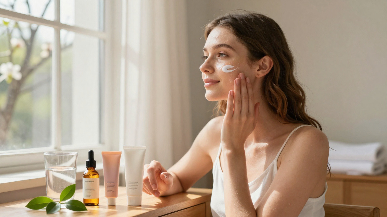 Mulher aplica creme facial sentada perto da janela com produtos de cuidados com a pele sobre a mesa.