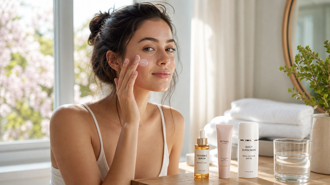 Mulher aplica creme no rosto em ambiente claro com produtos de cuidado da pele sobre a mesa.