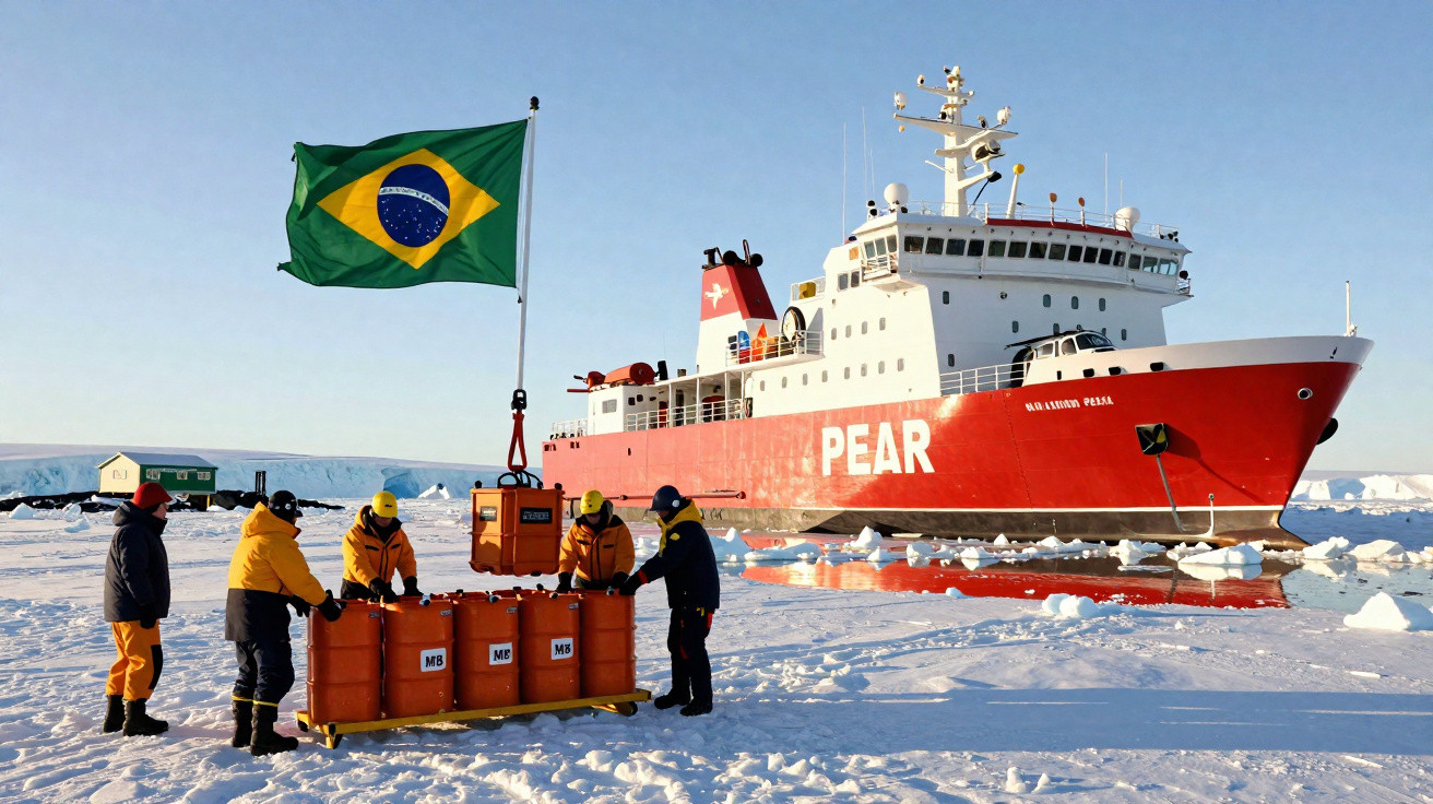 Equipe em roupas térmicas no gelo próximo a navio vermelho PEAR e bandeira do Brasil em ambiente polar.