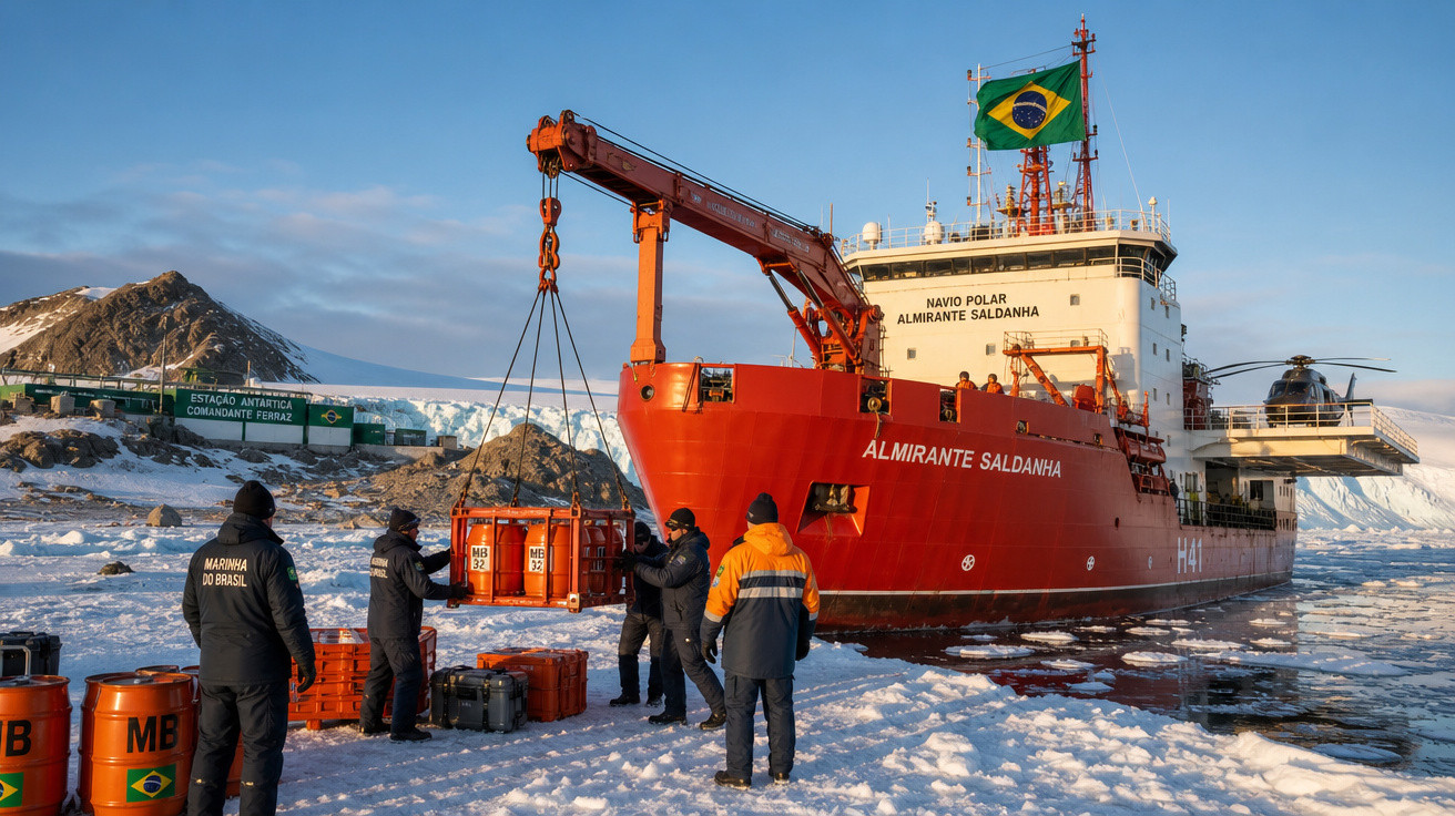 Navio polar Almirante Saldanha com equipe da Marinha do Brasil operando guindaste em área coberta de neve na Antártica.