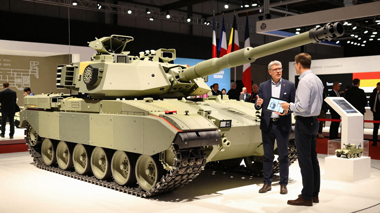 Tanque militar moderno exposto em evento, com duas pessoas conversando ao lado.