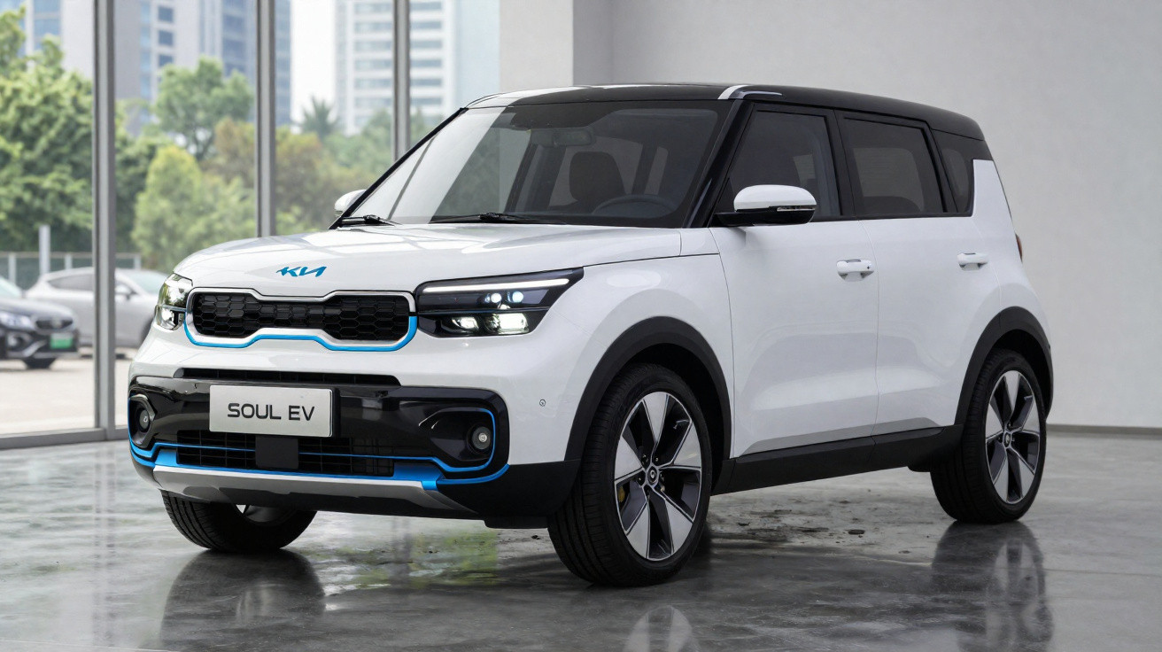 Carro elétrico Kia Soul EV branco estacionado em ambiente interno com janelas ao fundo.