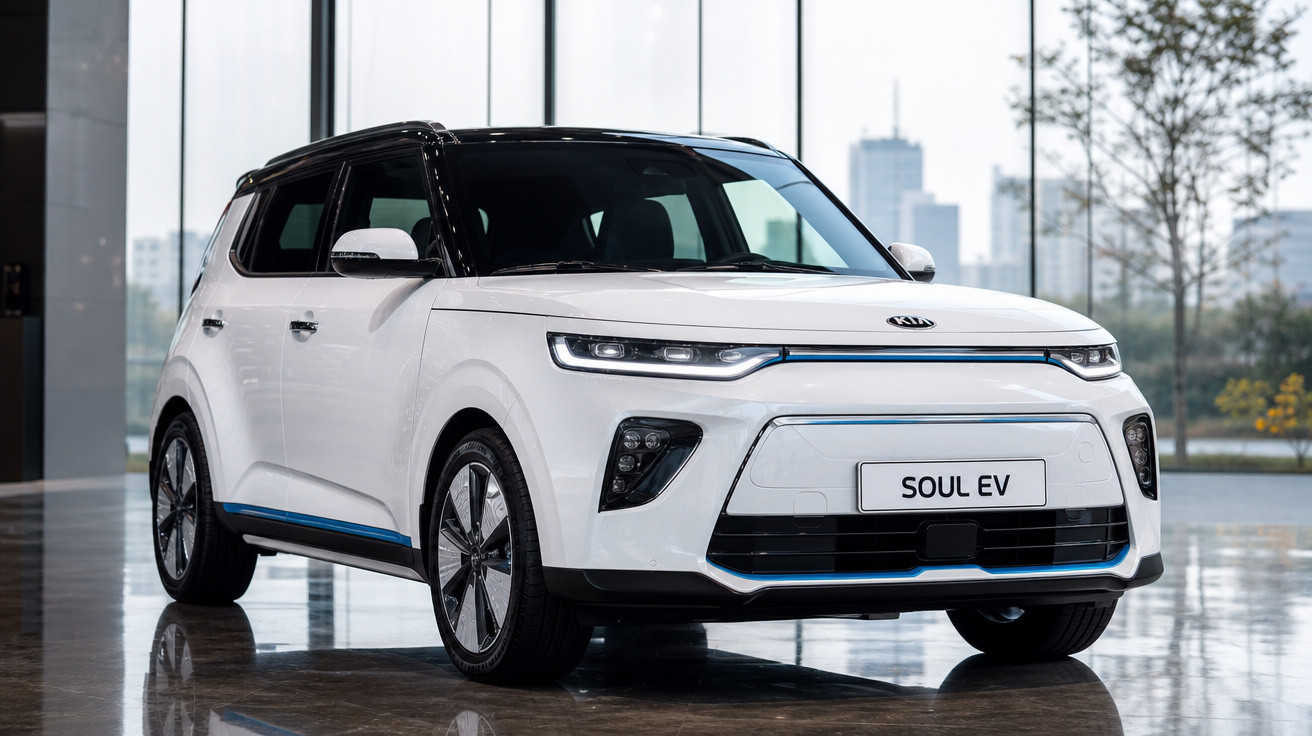Carro elétrico branco Kia Soul EV estacionado em ambiente interno com janelas grandes ao fundo.