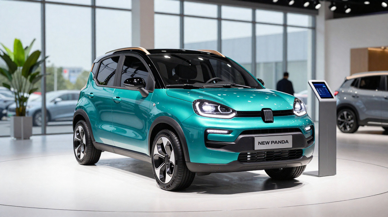 Carro Fiat New Panda verde exposto em showroom moderno com grandes janelas e iluminação interna.