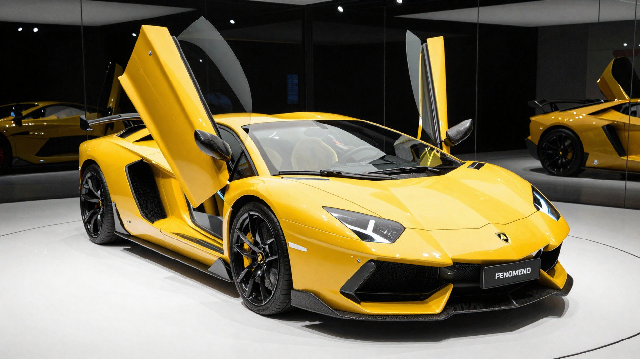 Carro esportivo amarelo com portas abertas para cima exibido em ambiente branco com reflexos em espelhos.