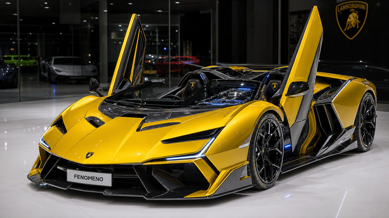 Carro esportivo Lamborghini amarelo com portas abertas em estilo tesoura, exibido em showroom.