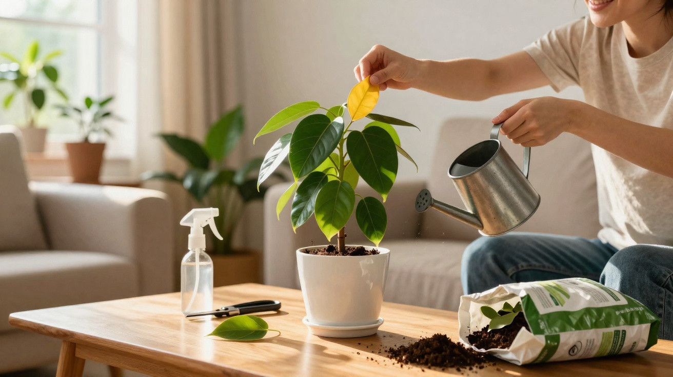 Pessoa regando planta em vaso branco sobre mesa com terra, saco de terra e borrifador próximo, em ambiente interno.