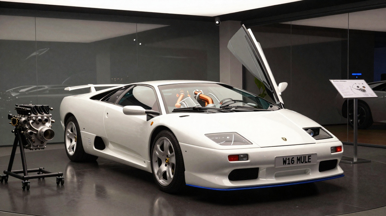 Carro esportivo branco com porta frontal aberta e motor exposto ao lado em ambiente de exposição.
