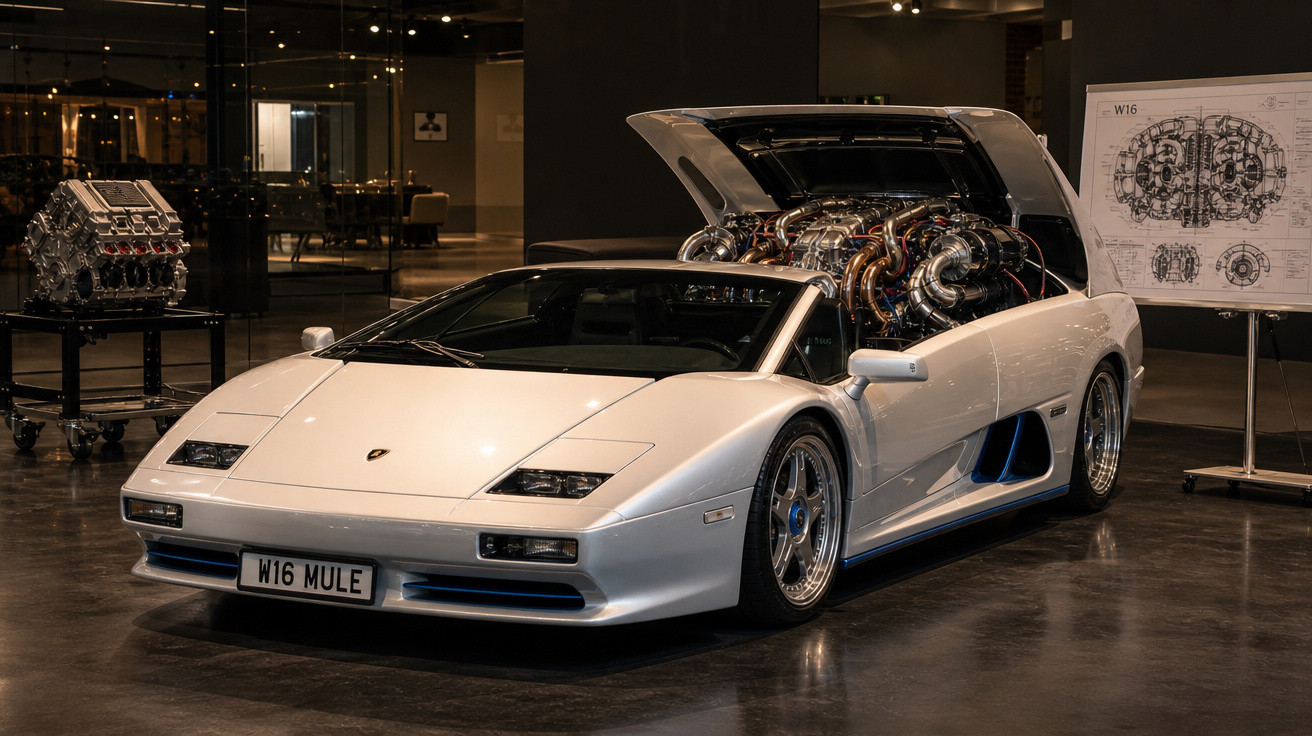 Carro esportivo branco com capô aberto mostrando motor W16 em exposição interna.