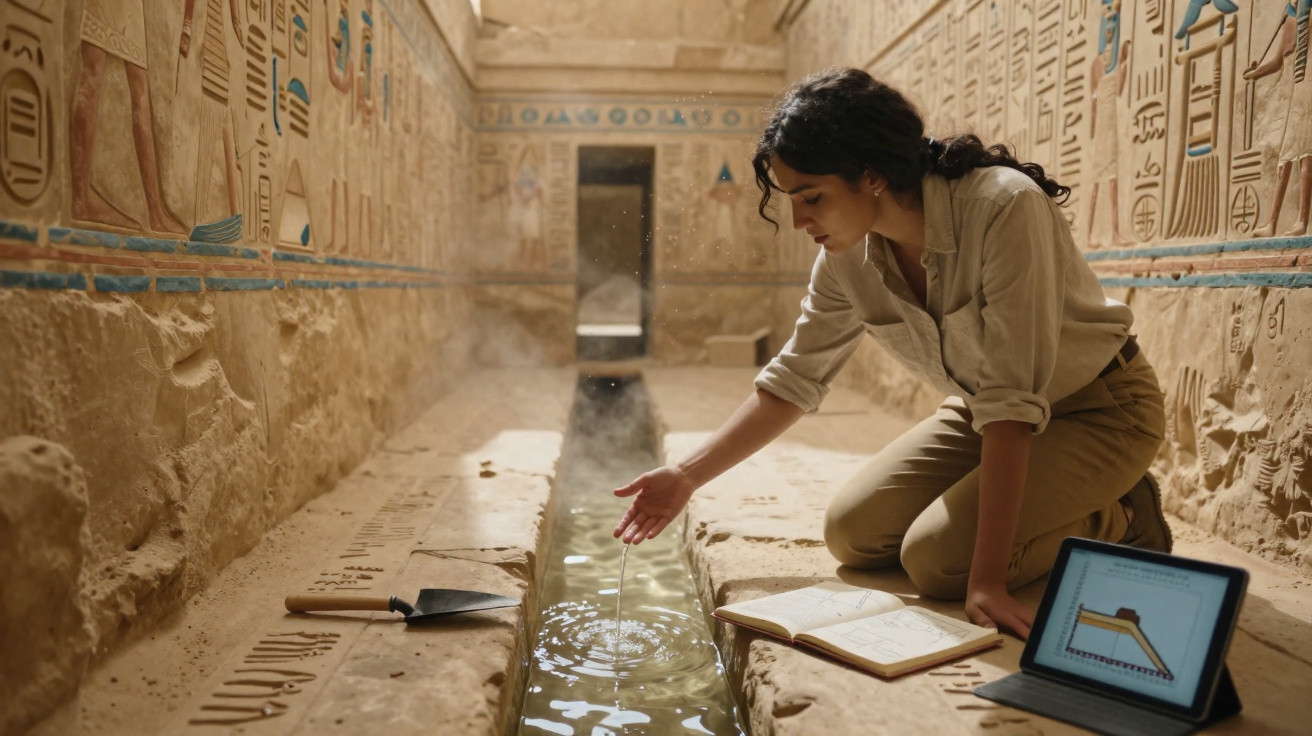 Mulher analisando canal de água antigo dentro de tumba com hieróglifos e livros abertos ao lado.